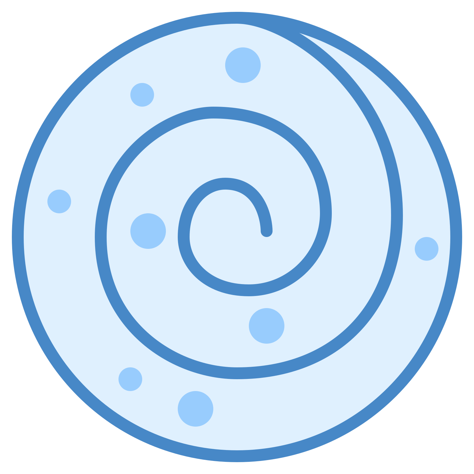 its outline is a circle and theres a single spiral that ends