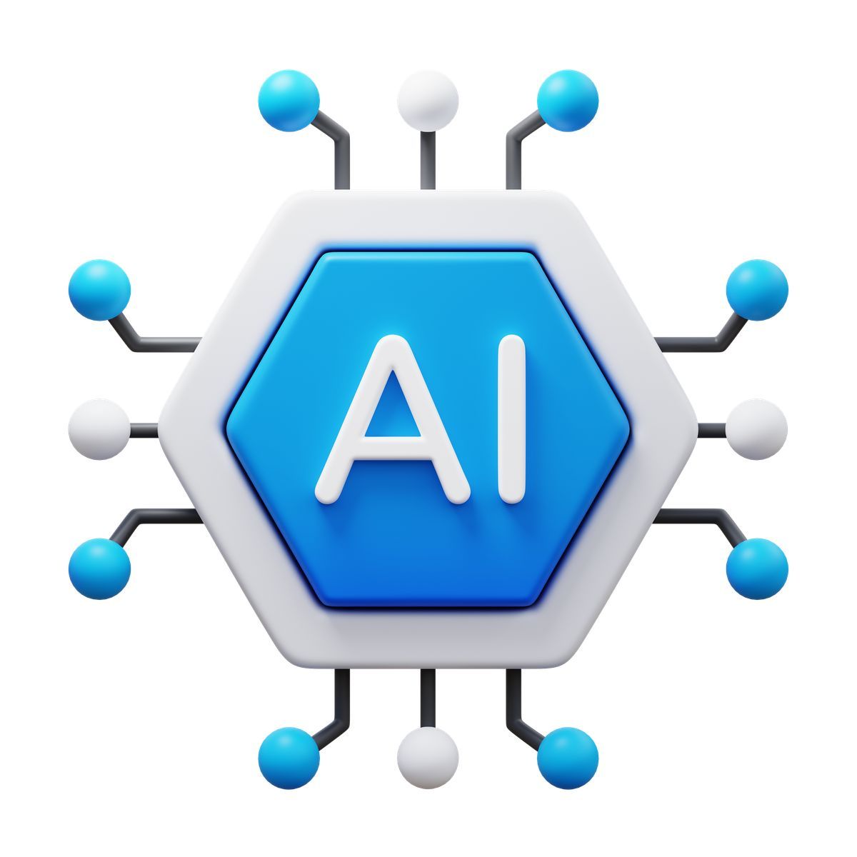 3d fluency 스타일 ai chip icon with hexagon core and connected circuit nodes 아이콘