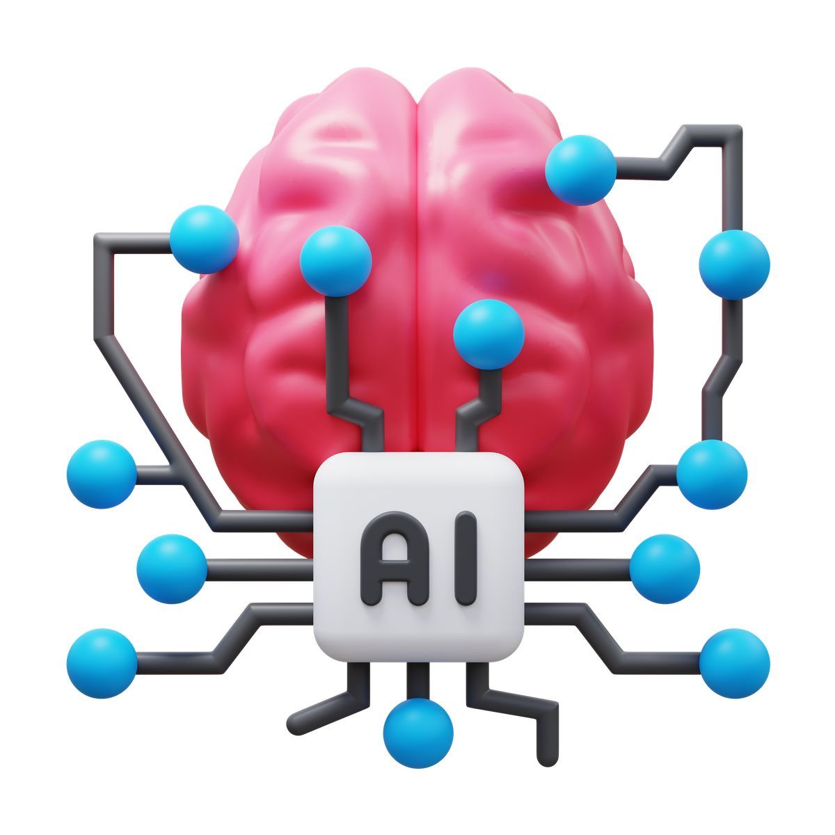 3d fluency 스타일 brain connected to ai chip with neural network nodes around 아이콘