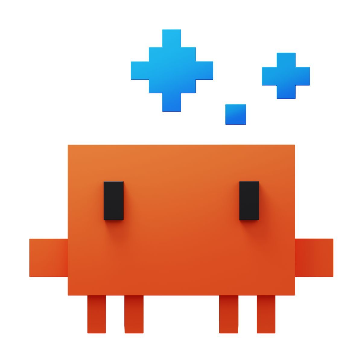 3d fluency 스타일 claudecode pixel monster with orange block body and blue magic symbols 아이콘