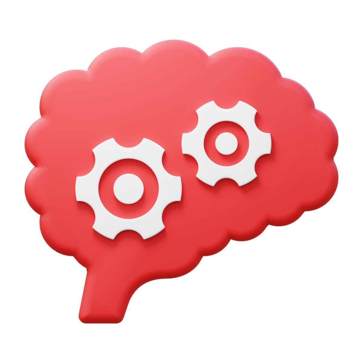 3d fluency style red brain icon with gears inside, cognitive process and artificial intelligence concept icon