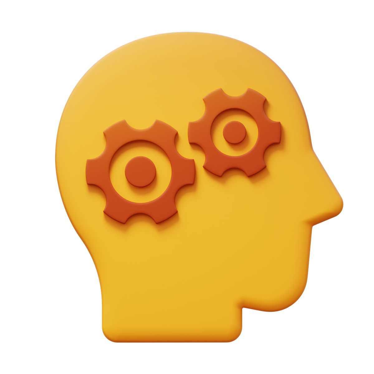 3d fluency style yellow head profile with gears, problem solving and learning icon