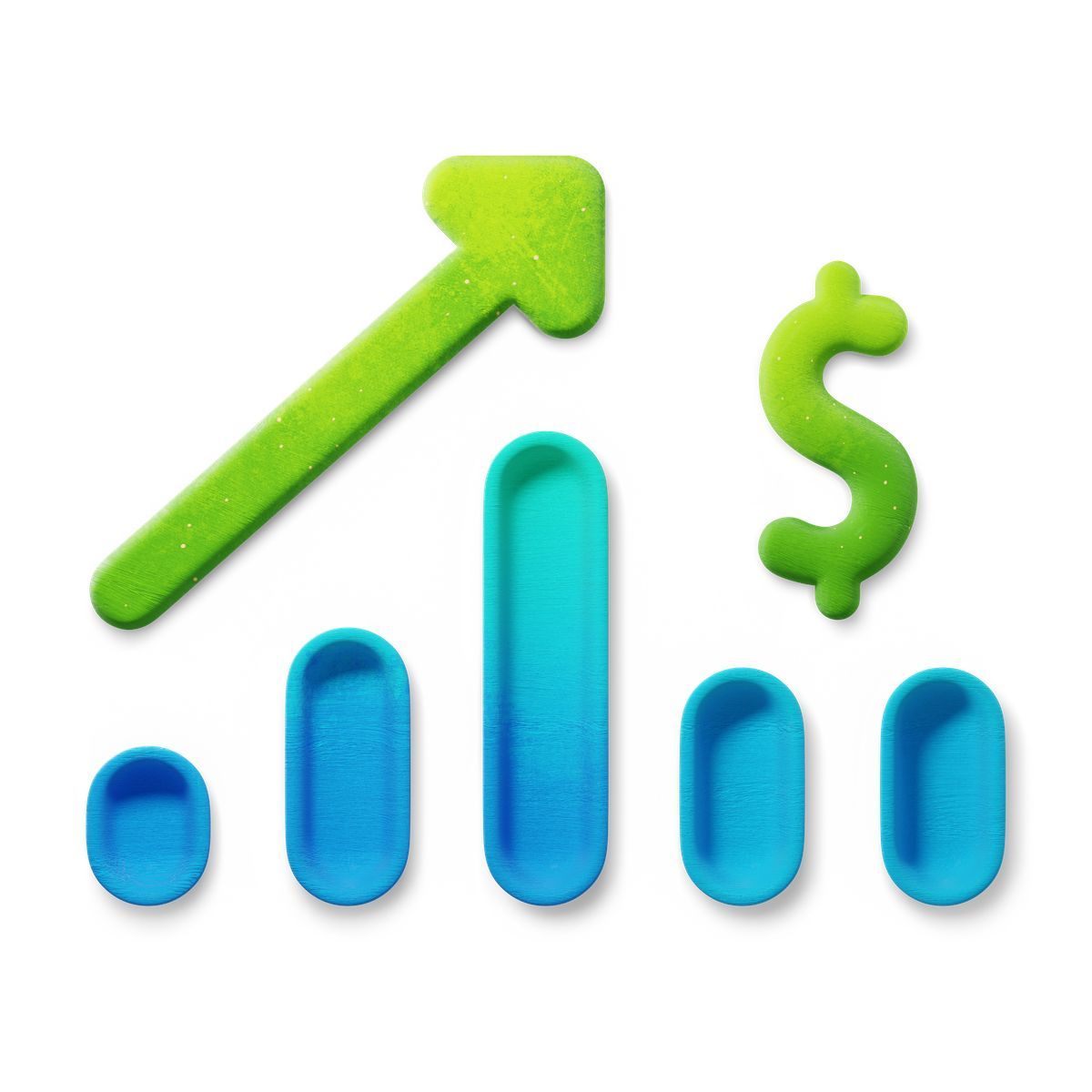 3d fluent style investment performance bar chart with upward arrow and dollar icon