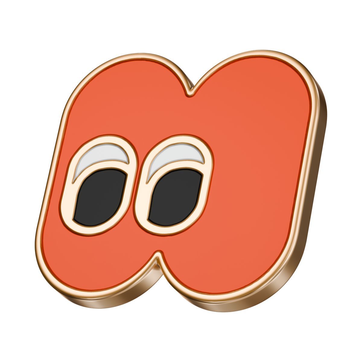3d stickle style 3d orange enamel pin with cartoon eyes, playful fashion accessory icon