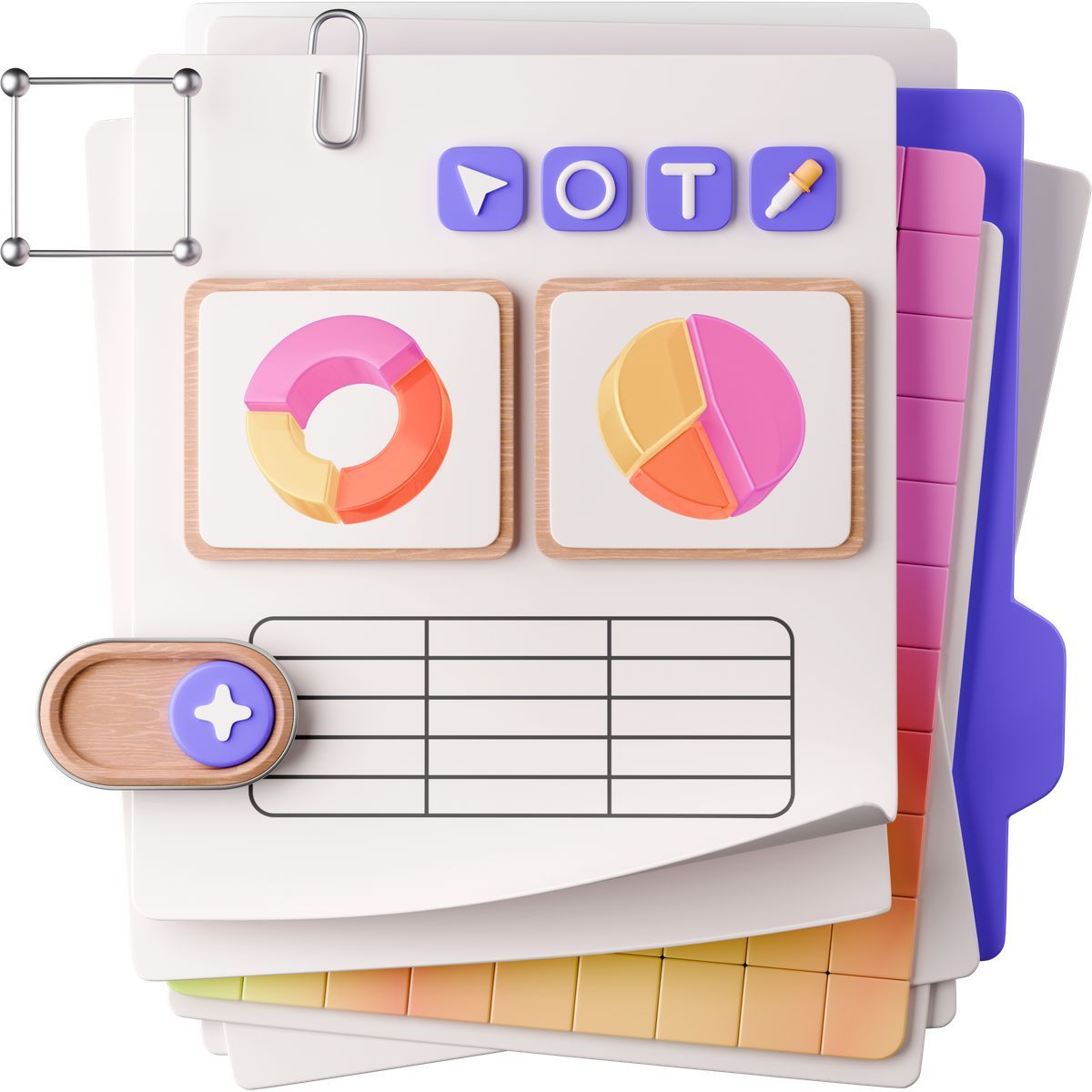 Icône 3D paper stack with diagrams and graphic tools dans le style 3D ...