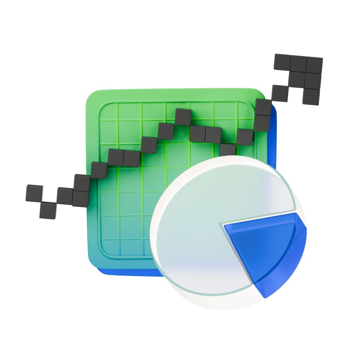 3d stickle スタイル analytics dashboard showing growth arrow overlaid with circular pie diagram アイコン