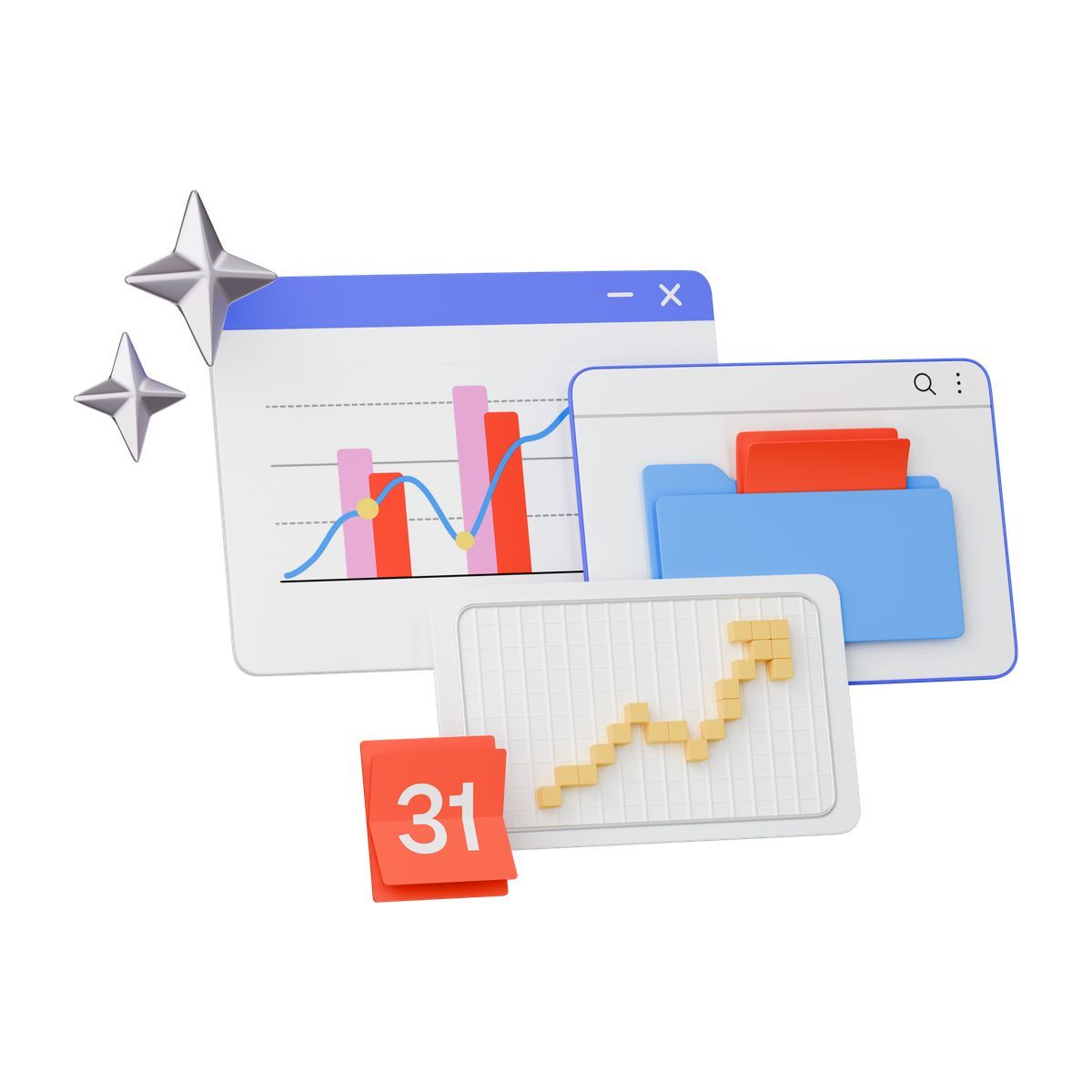 3d stickle スタイル analytics dashboard window with bar chart and line graph data アイコン
