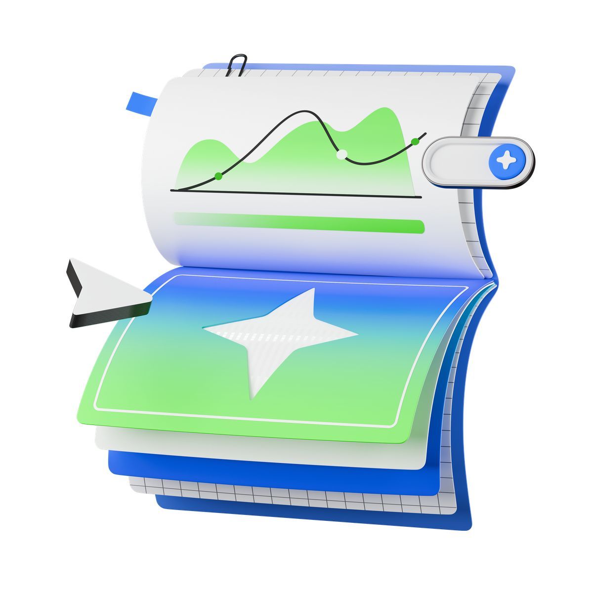 3d stickle style analytics notebook page displaying performance line graph and trend indicators icon