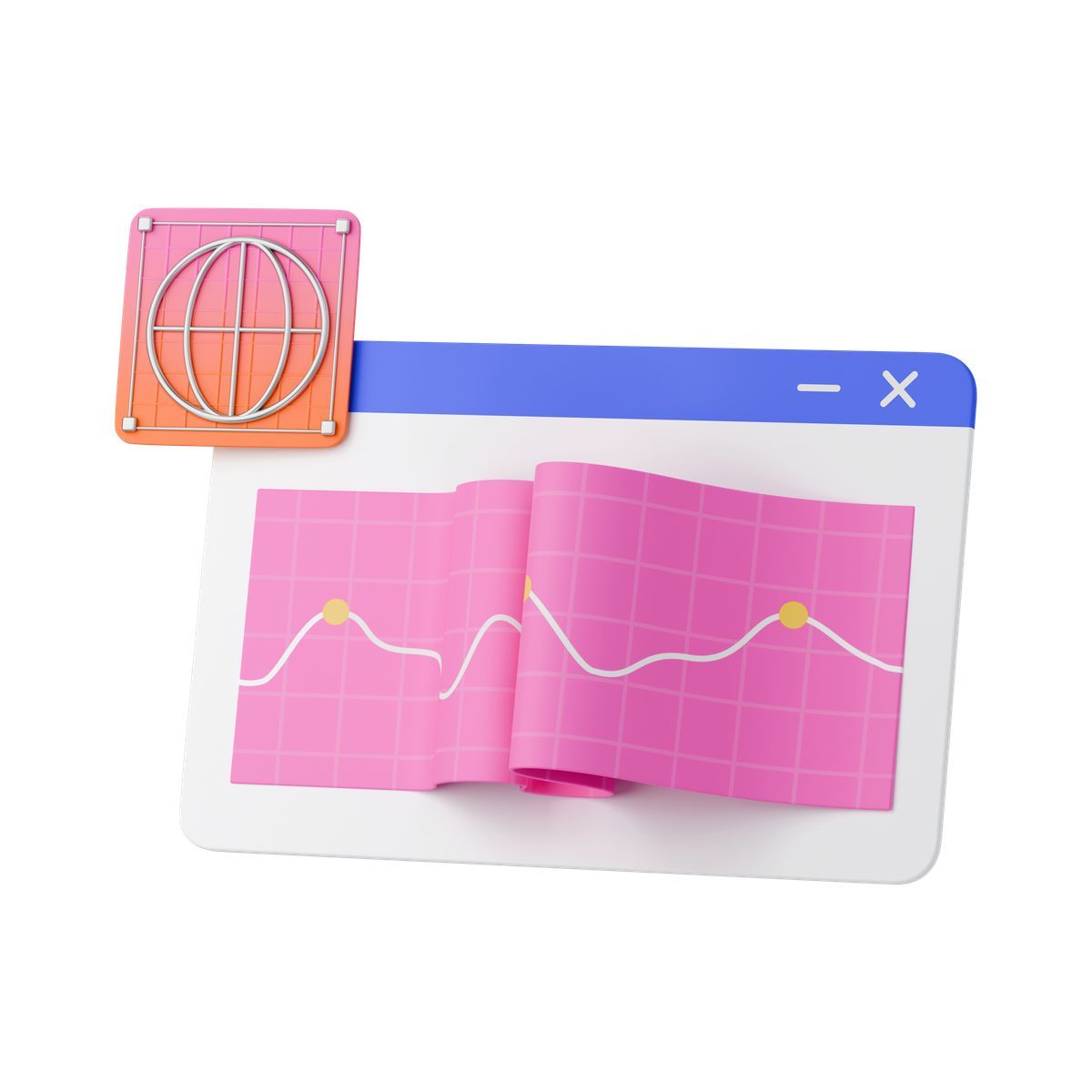 3d stickle Stil analytics web dashboard window with folded trend line chart Icon
