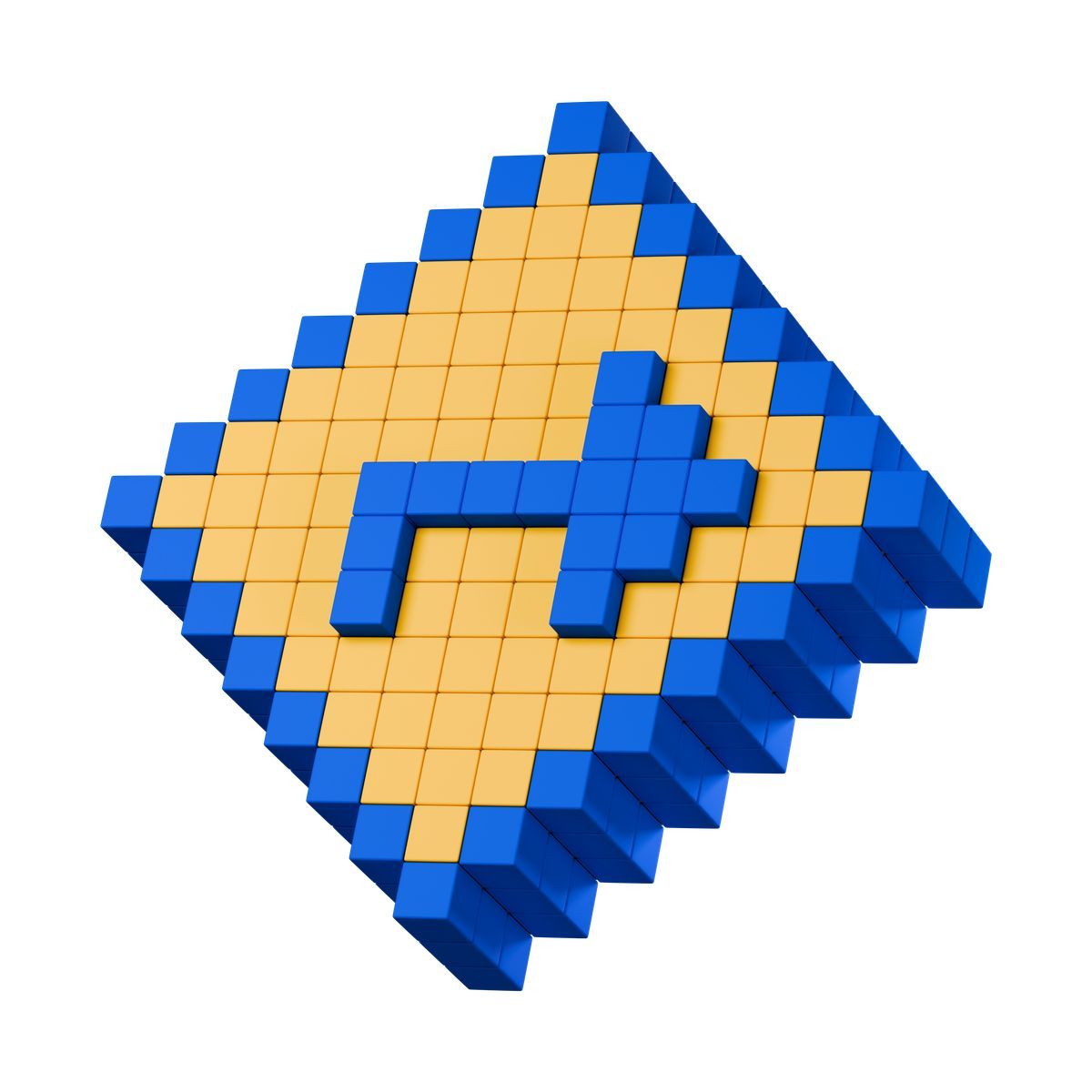 3d stickle 스타일 arrow route symbol built from blue and yellow pixel blocks 아이콘