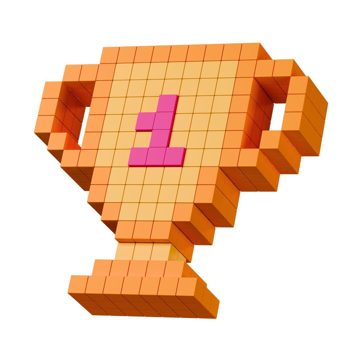 3d stickle style award trophy pixelated blocks forming cup with central number one icon