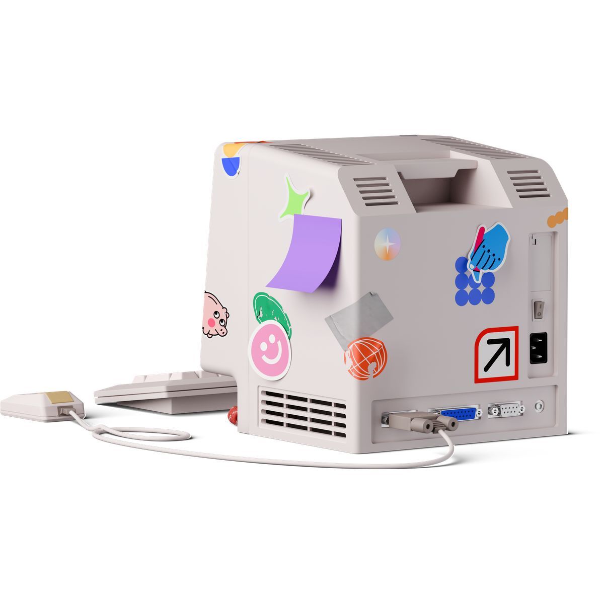 3d stickle style back view of old computer with stickers icon