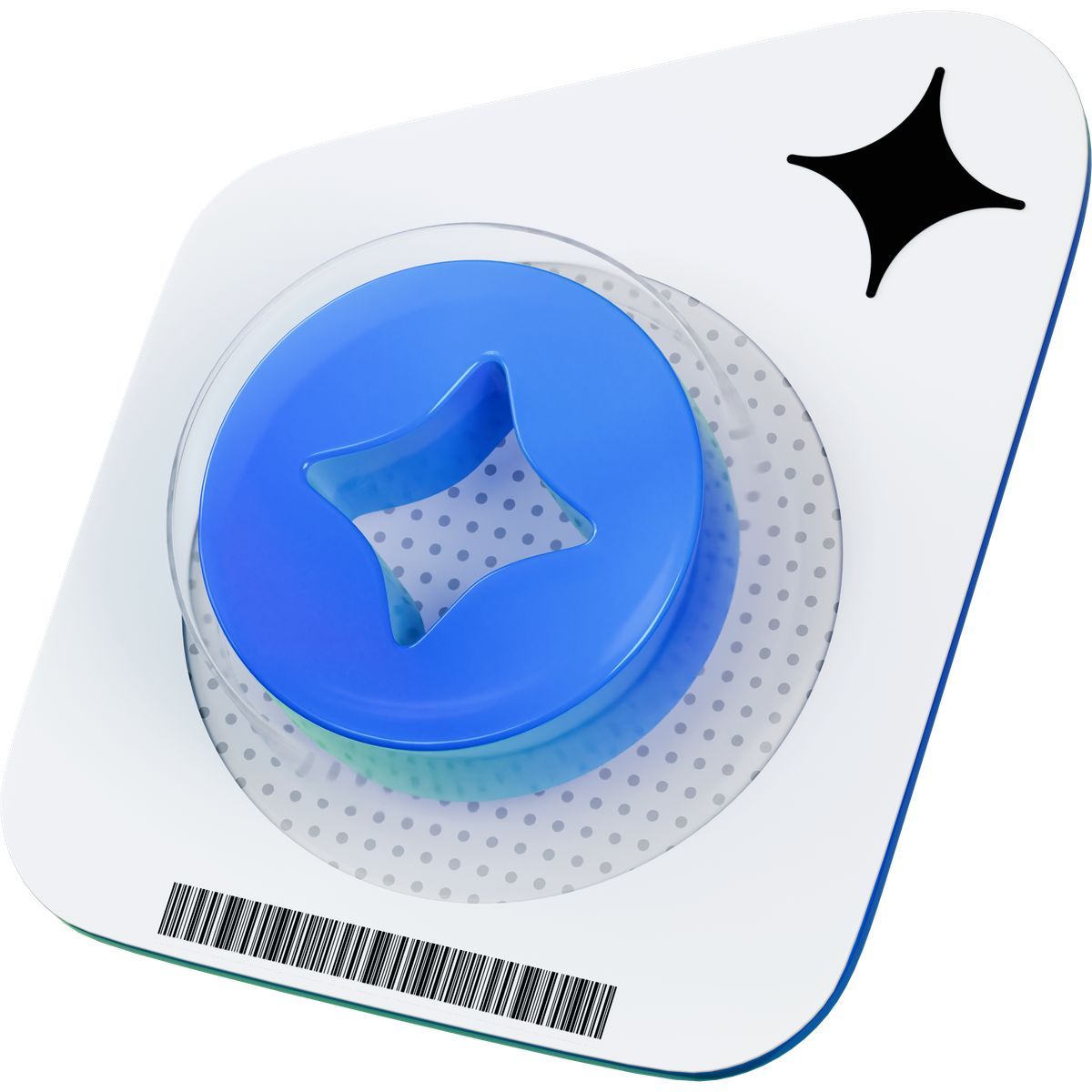 3d stickle 스타일 blue star shaped object in blister pack, ai technology product display 아이콘
