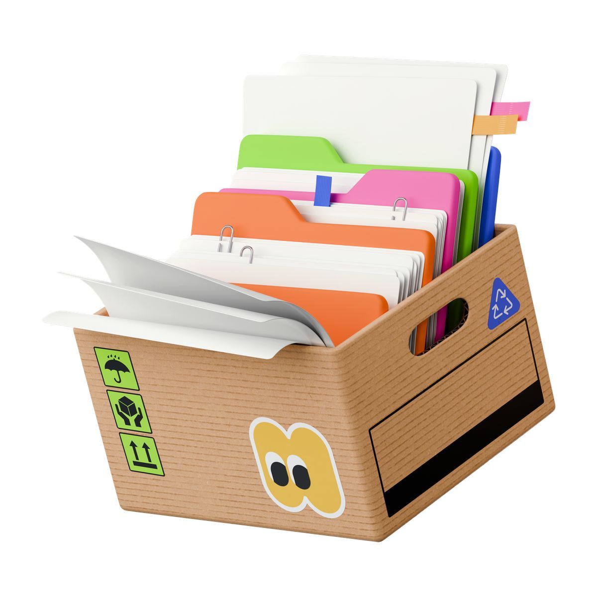 3d stickle style box with papers in folders, document management and archiving icon