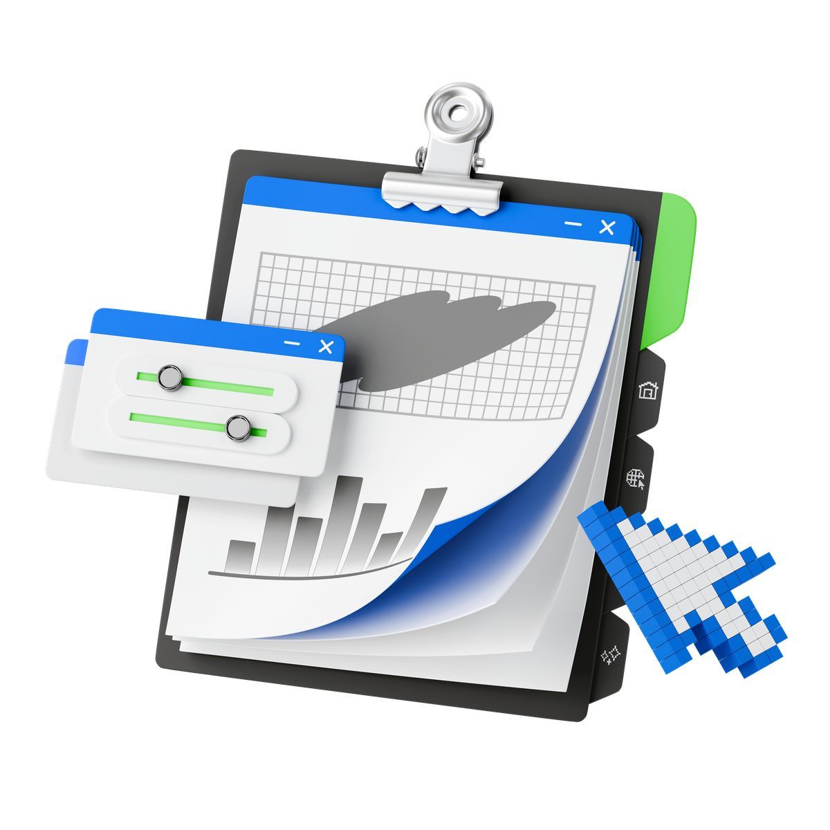 3d stickle スタイル business analytics charts on clipboard with adjustable settings panel window アイコン