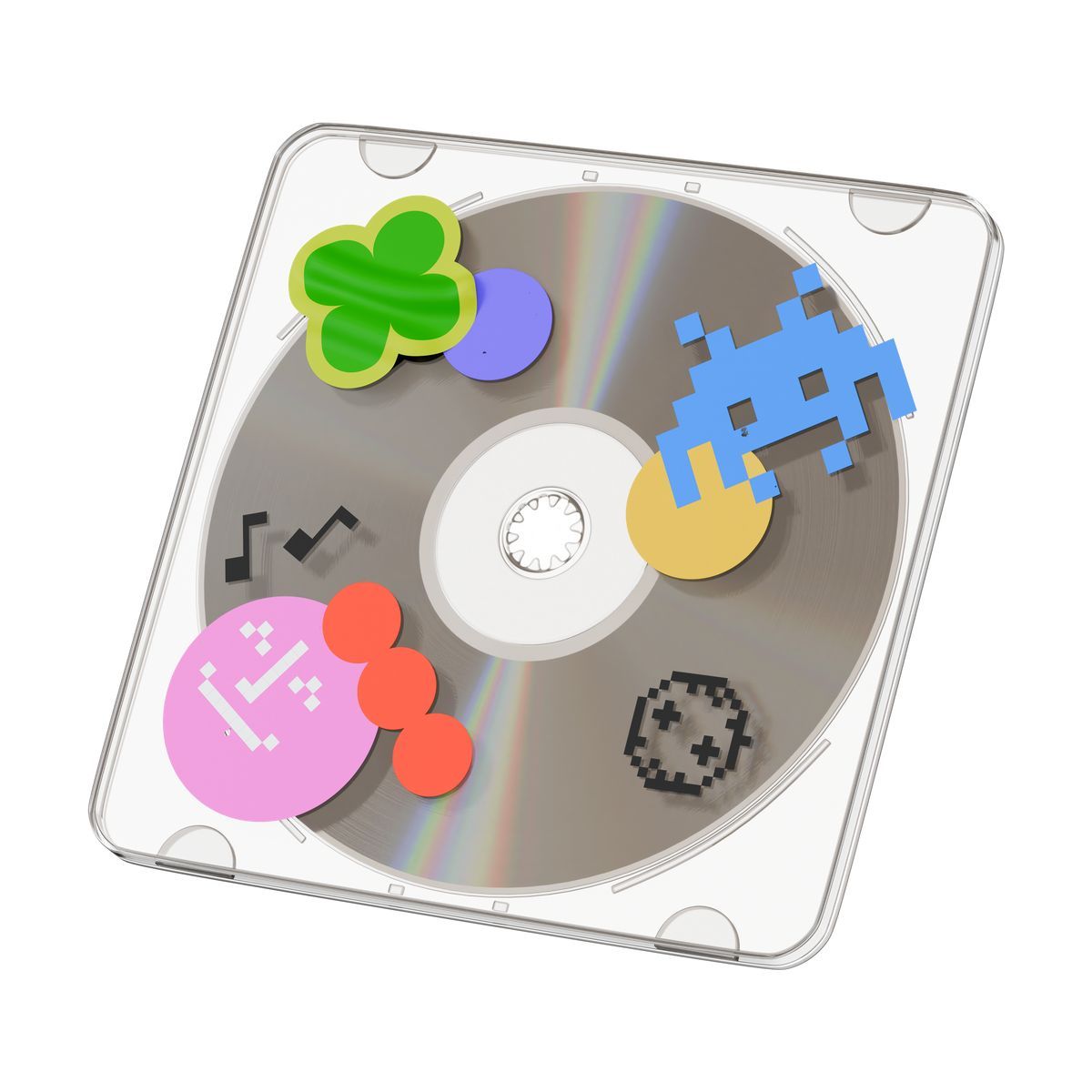 3d stickle style cd disk in transparent cover with stickers icon