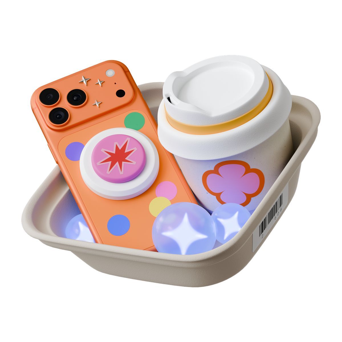 3d stickle style coffee cup, smartphone and ai spheres icon