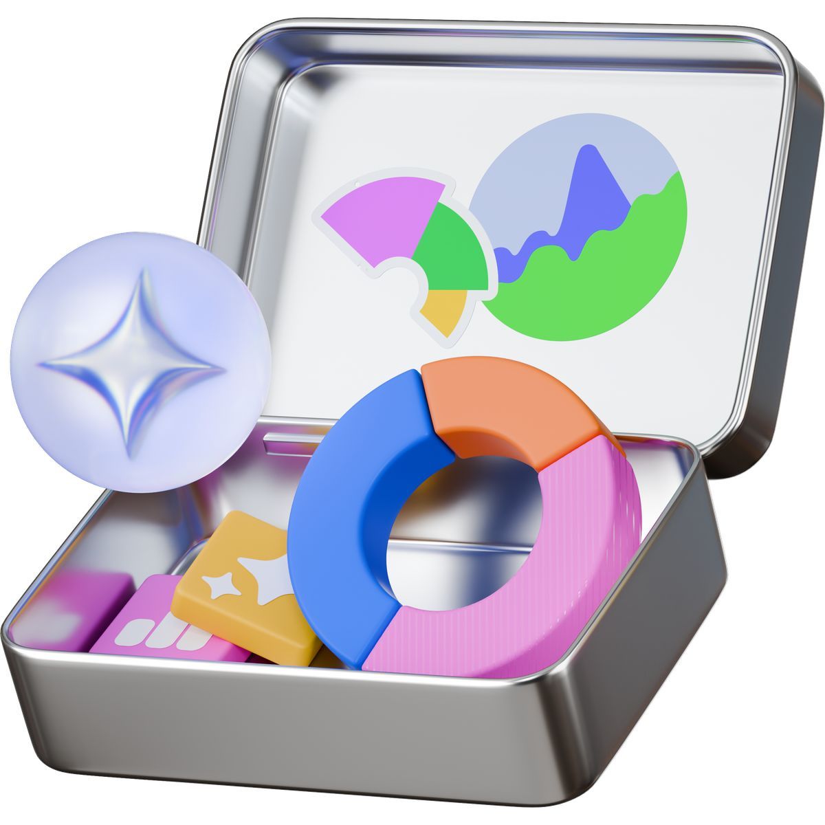 3d stickle style colorful charts in metal box, data visualization and analytics concept icon