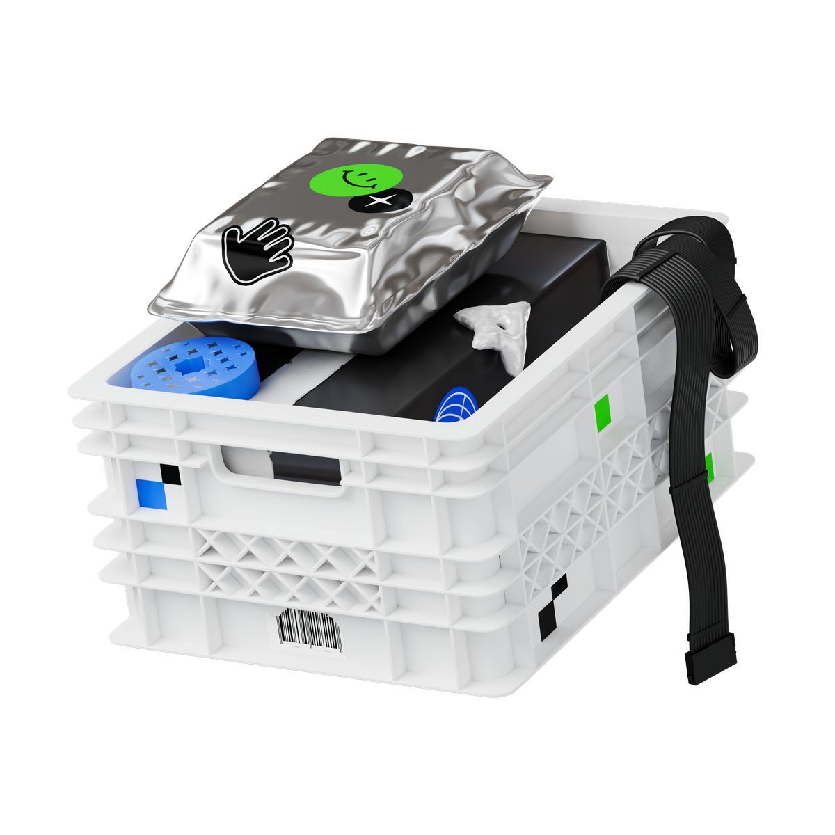 icona crate filled with electronic components and silver foil package 3d stickle stile