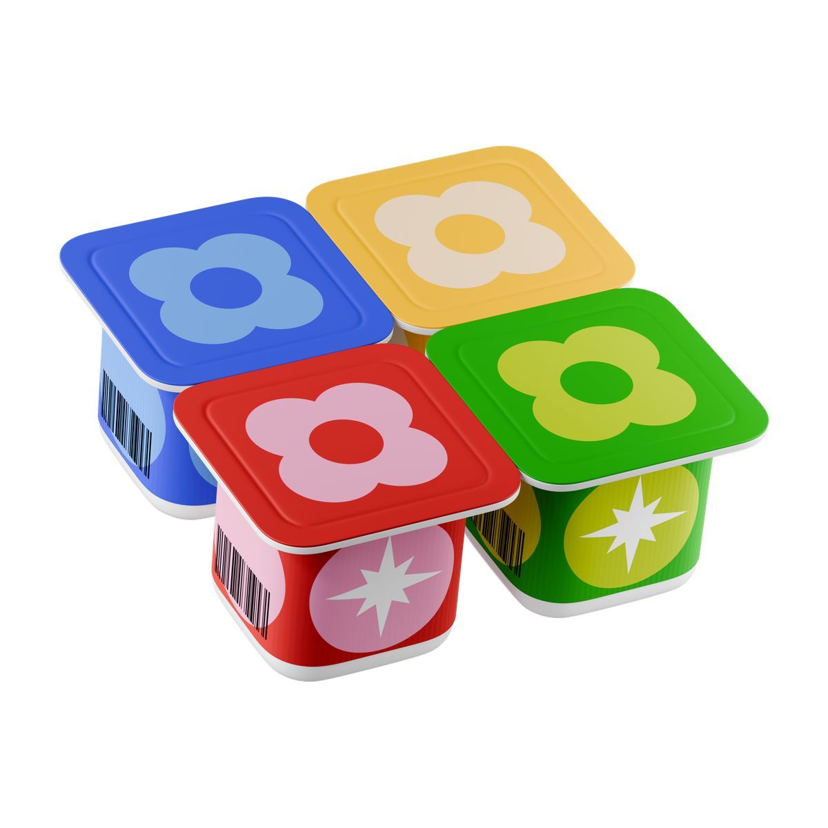 3d stickle 스타일 dairy snack yogurt containers arranged together with bright colorful lids 아이콘
