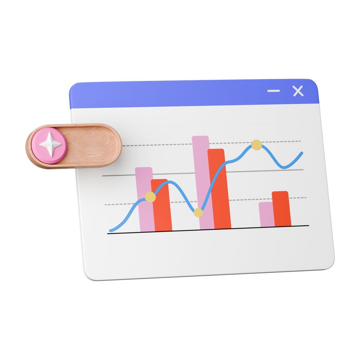 3d stickle Stil dashboard interface showing sales bars and blue growth trend curve Icon