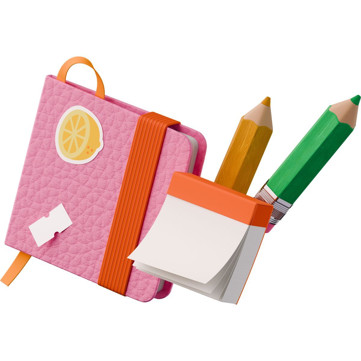 3d stickle style isometric view of notebook with stickers notes and pencils icon