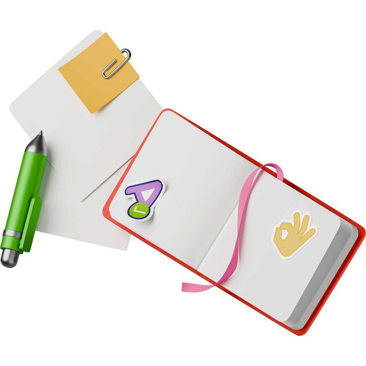 3d stickle style isometric view of notebook with stickers pen and notes icon