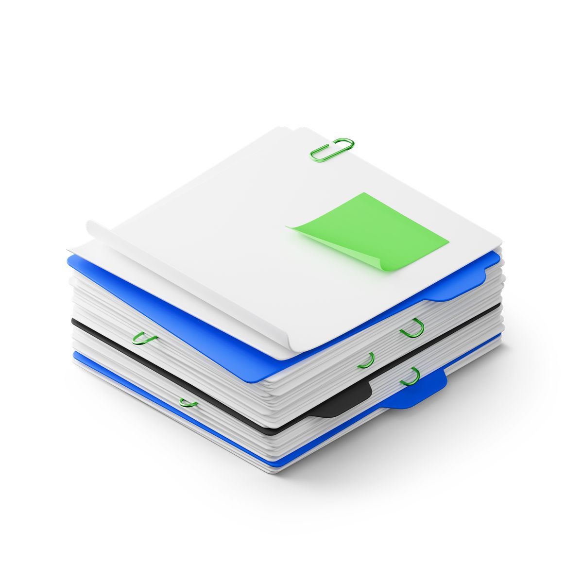 3d stickle style file folders piled with green paper clips and sticky note icon