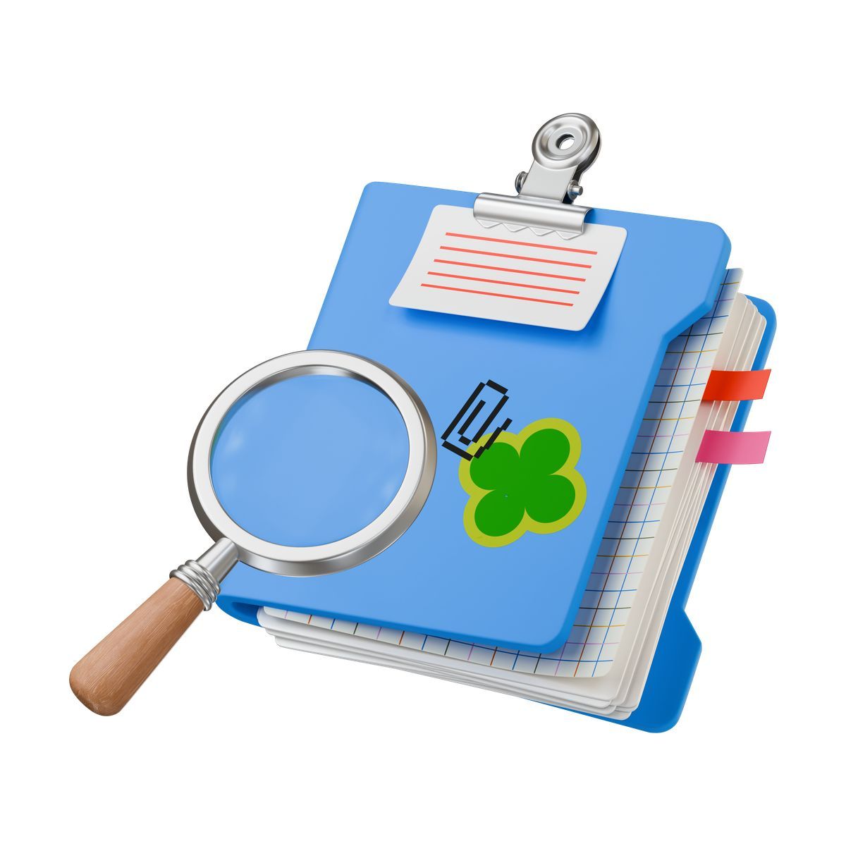 3d stickle 风格 folder with papers and magnifying glass 图标