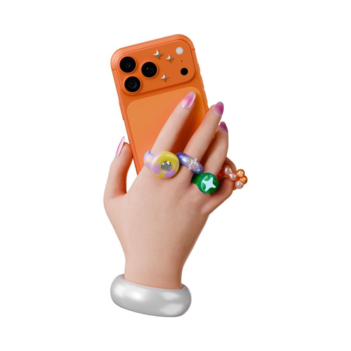 icon hand with rings holding smartphone 3d stickle estilo