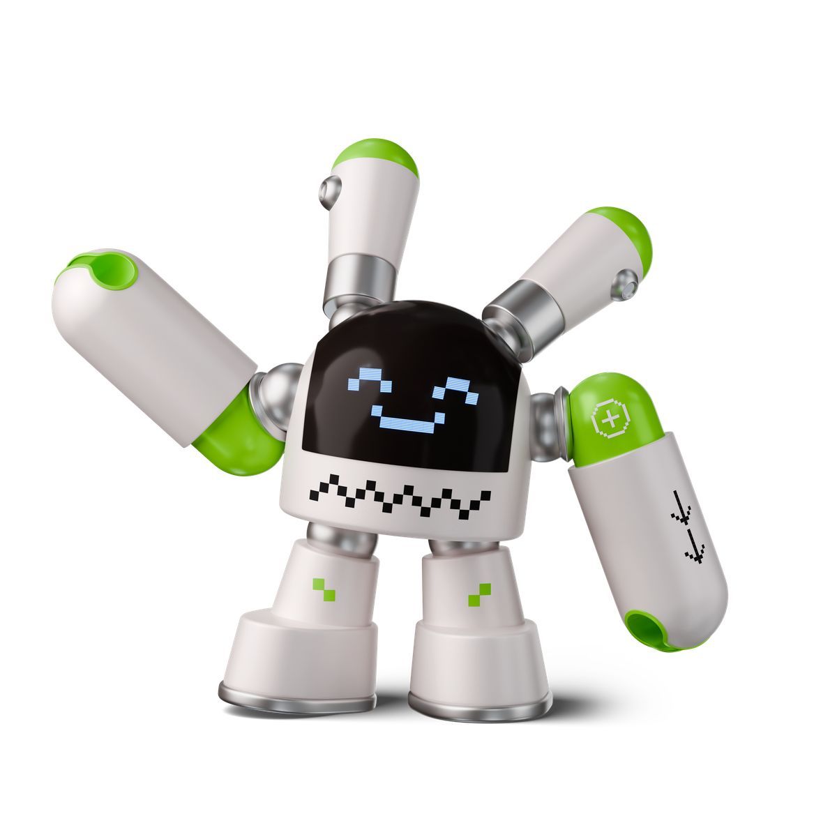 3d stickle style happy robot with digital face raising right arm icon