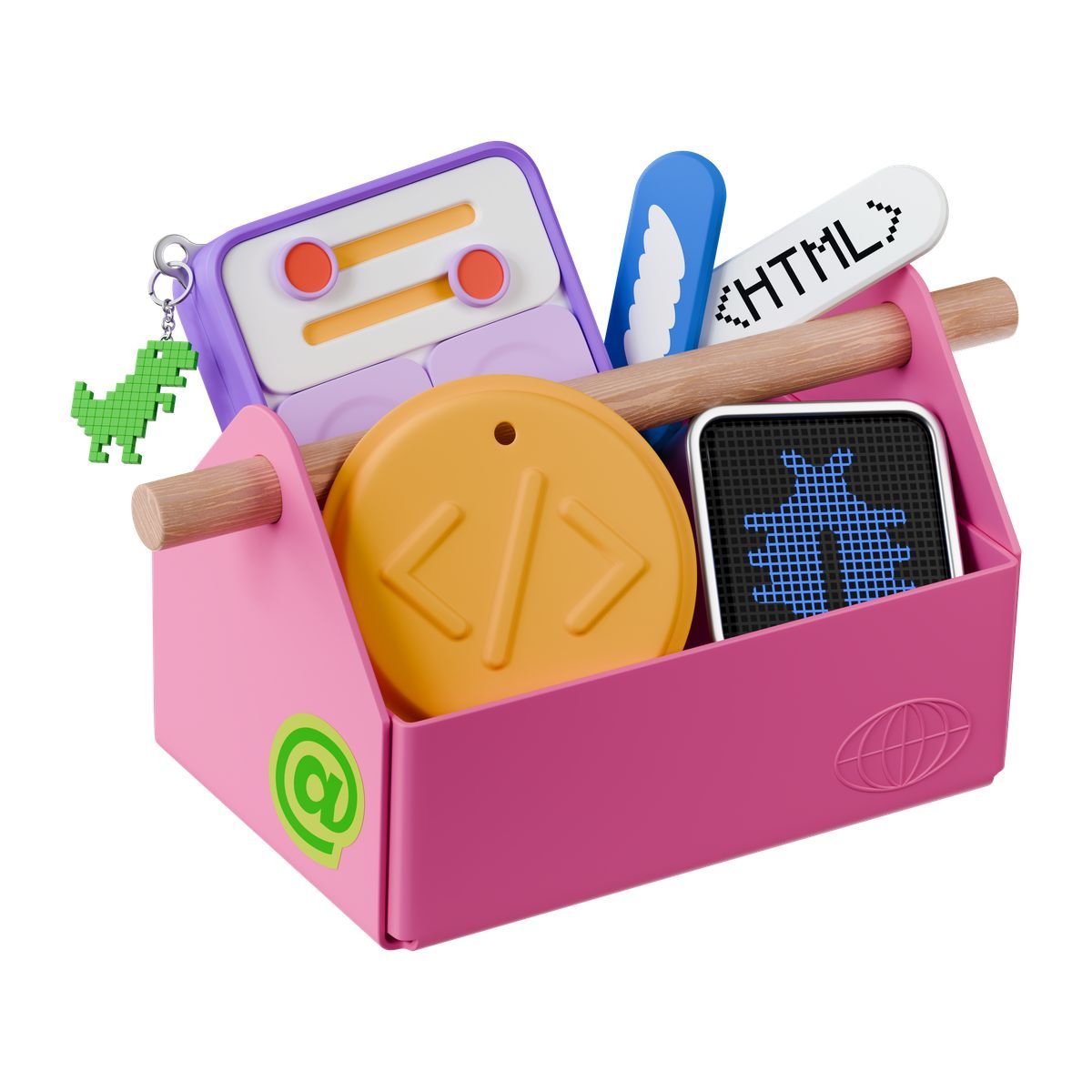 3d stickle 스타일 html label and bug screen inside colorful programming tools box 아이콘