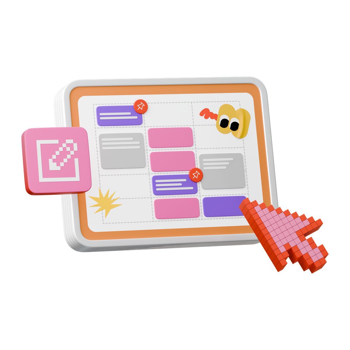 3d stickle style kanban board interface with colorful tasks and pixel cursor icon