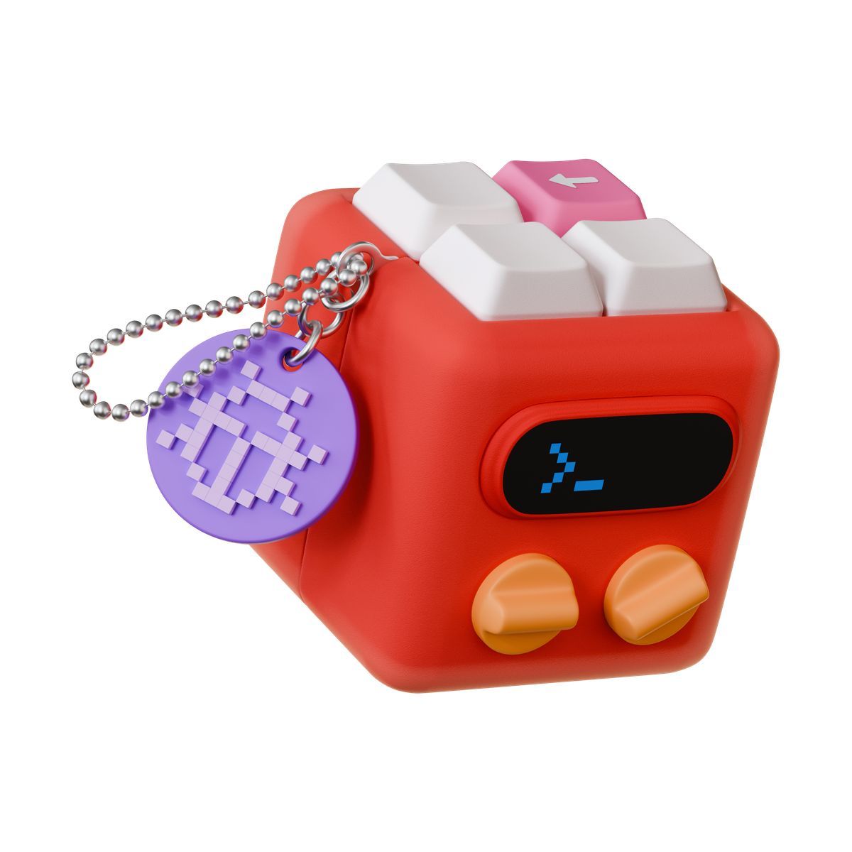 icona keychain cube with retro terminal screen and mechanical keyboard buttons 3d stickle stile