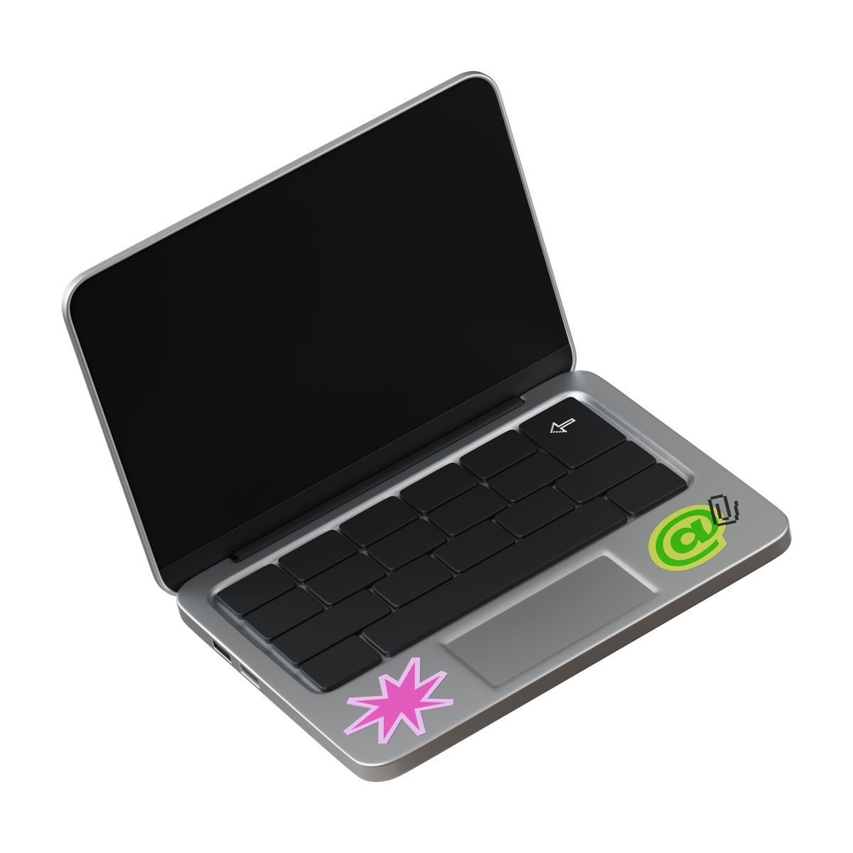 3d stickle style modern laptop mockup with decorative stickers and black screen icon
