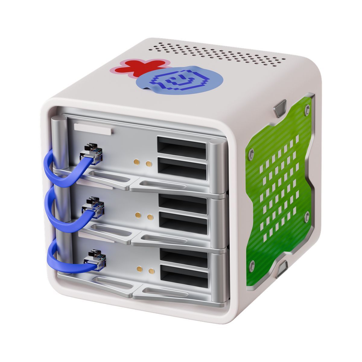 3d stickle style network server cube with colorful stickers on top icon
