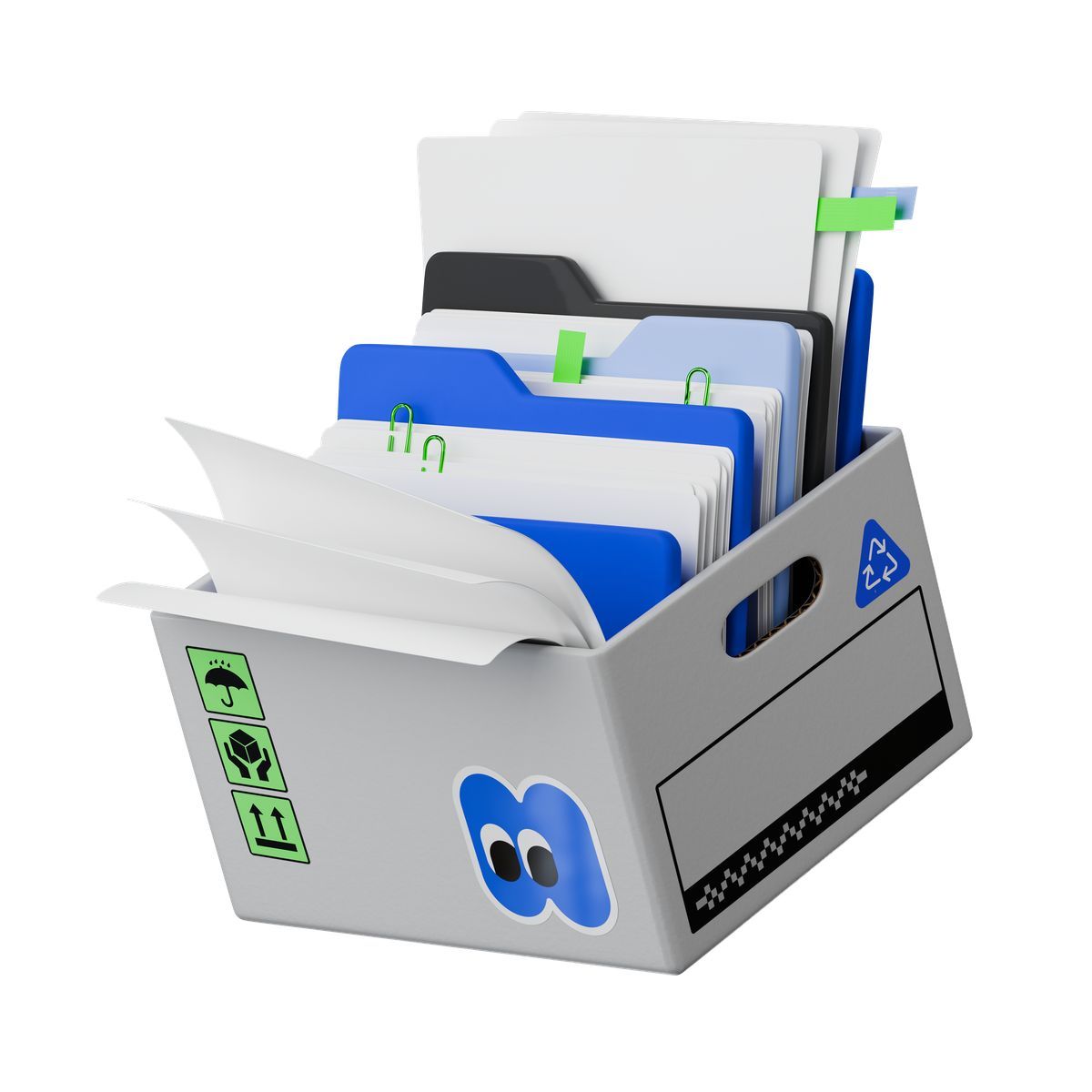 3d stickle style office archive storage box holding folders with papers icon