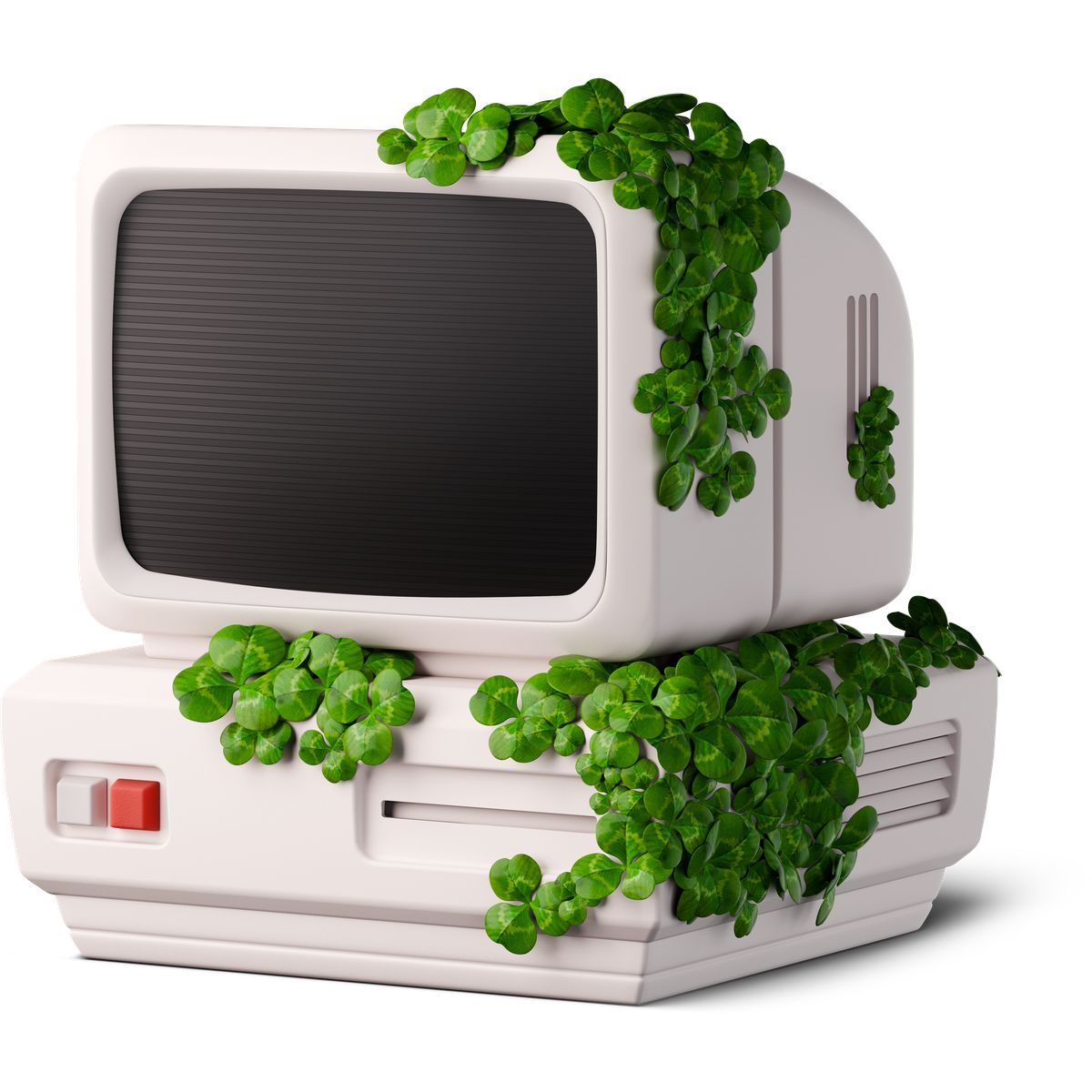 3d stickle style old computer with sprouted clover icon