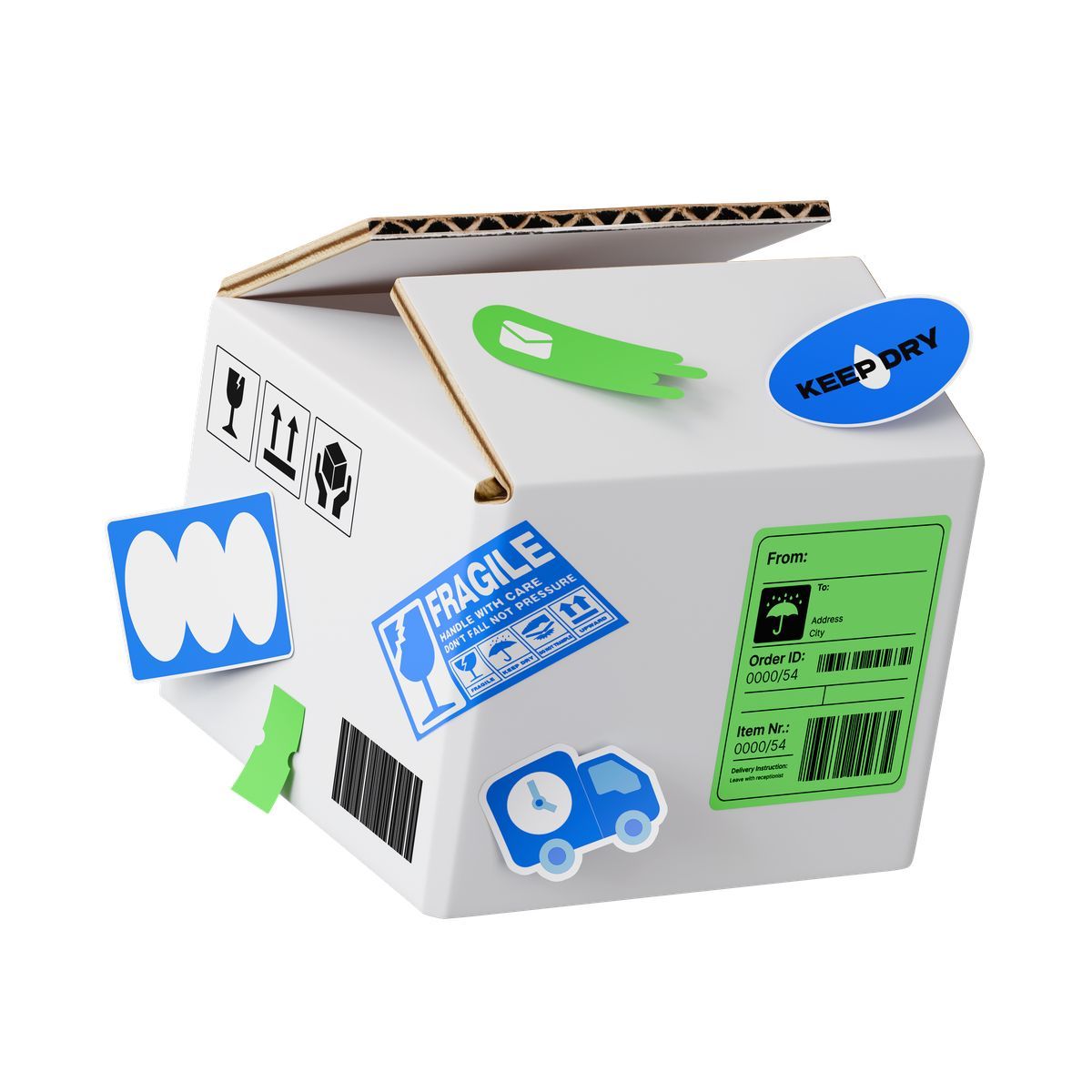 3d stickle style package shipping box with fragile label and delivery truck sticker icon