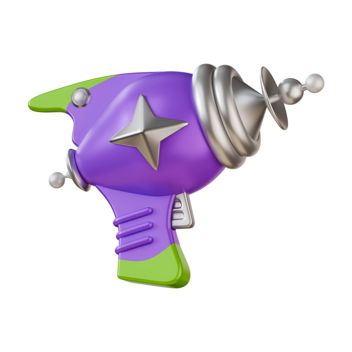 3d stickle style raygun toy space blaster with silver star and spiral barrel icon