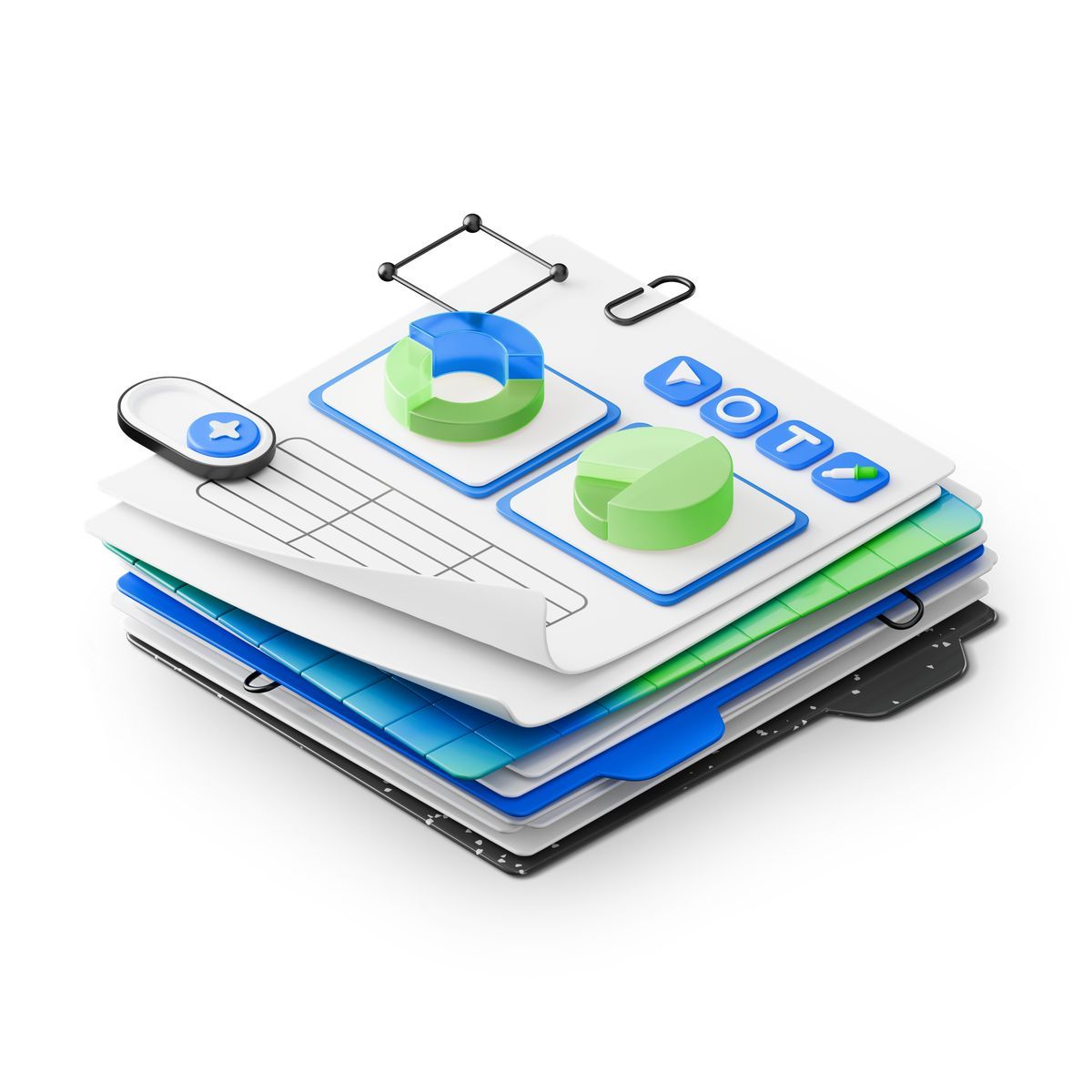 3d stickle Stil reports stack with green pie charts and spreadsheet data sheets Icon