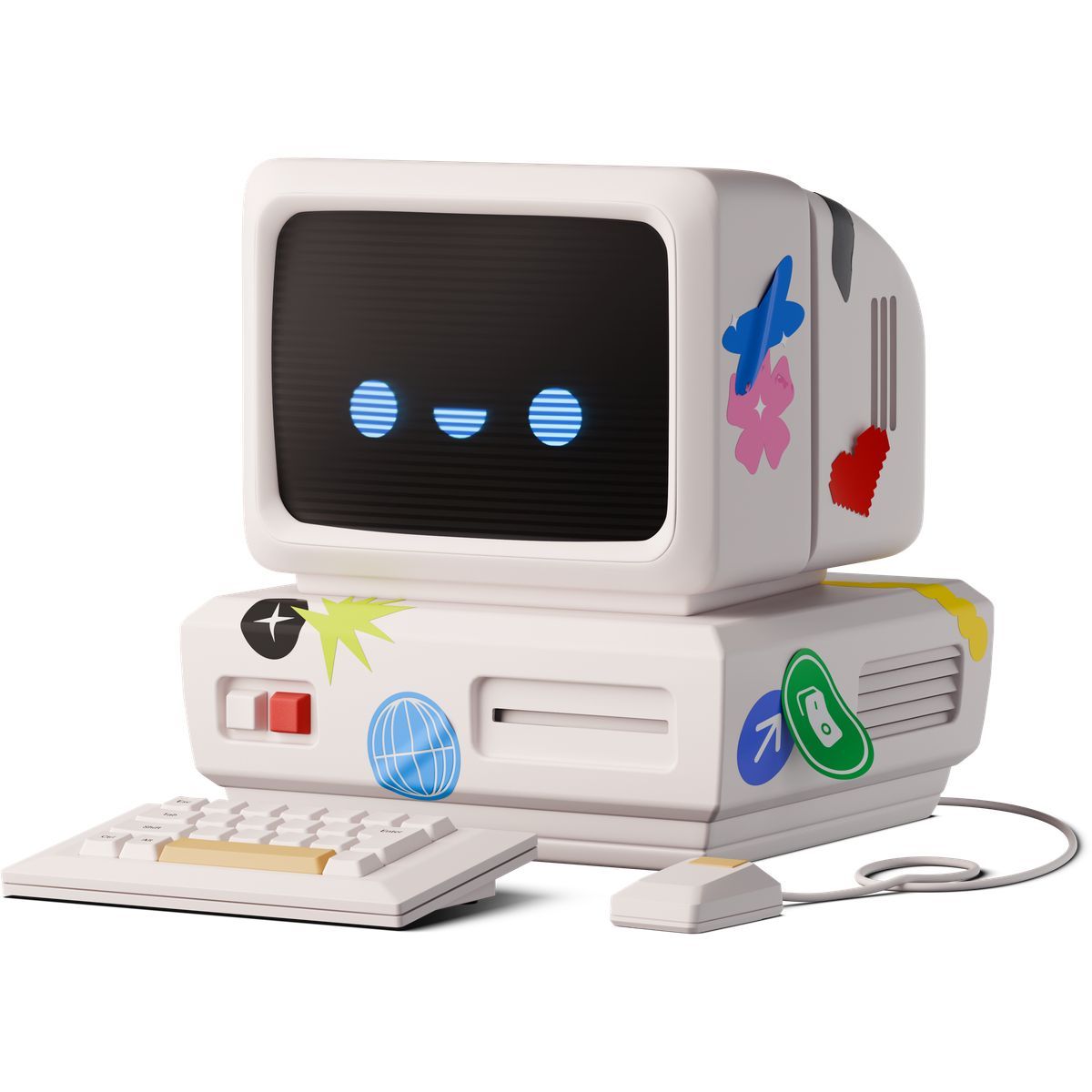 3d stickle style retro computer with face and stickers icon