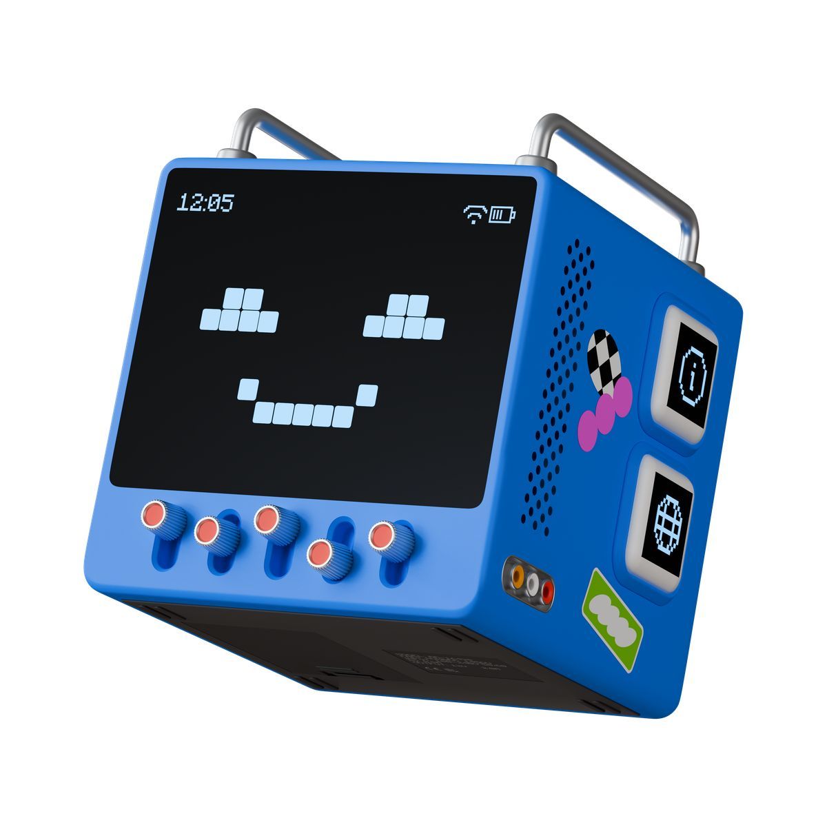 icon robot assistant device with smiling pixel face and control knobs 3d stickle estilo