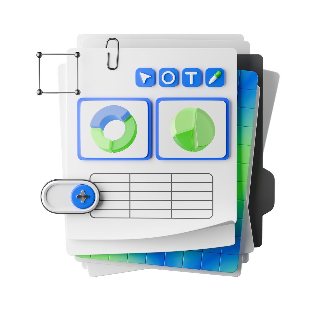 3d stickle style spreadsheet document with pie charts and data table for analytics icon