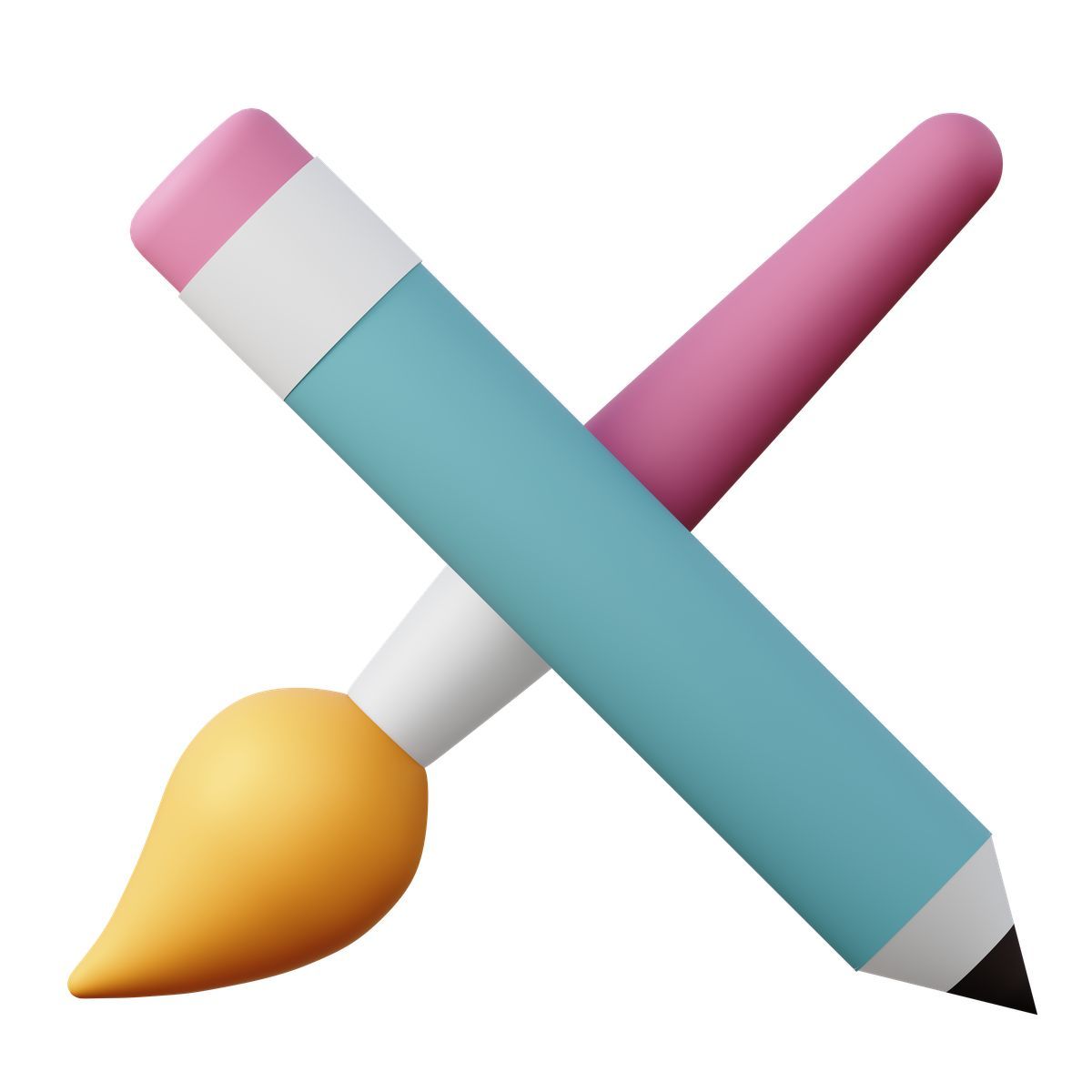3d sugary style crossed pencil and paintbrush, creativity and drawing tools icon