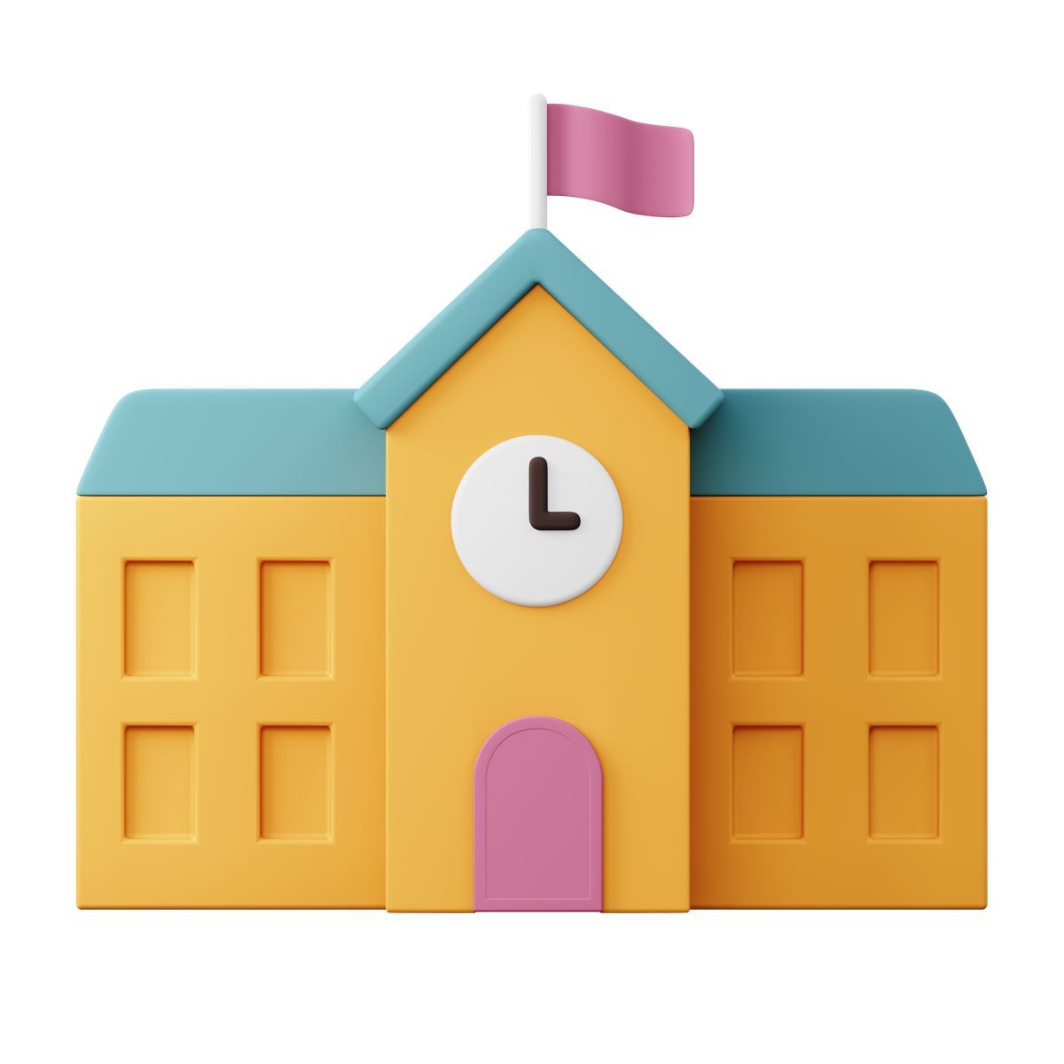 3d sugary style school building with clock and flag icon