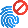 Blocked finger scan with crossed logotype warning icon