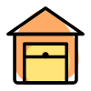 Open garage with large box in storage unit icon