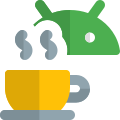 Android bot with a coffee cup isolated on a white background icon