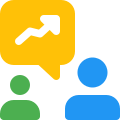 Co-workers chatting for sales growth - line chart with speech bubble icon